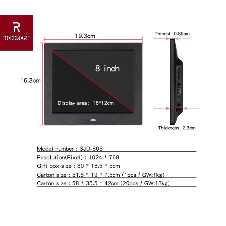 ROCKWARE RW-SJD803 - 8 inch Digital Photo Frame - Frame Foto Digital