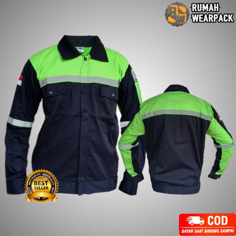 Baju Kerja/ Wearpack Proyek/ Seragam Kerja Atasan Warna Navy Kombinasi Hijau Pupus