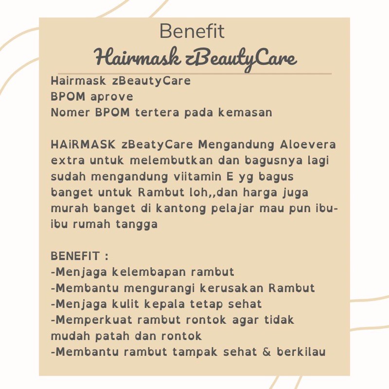 Hairmask BPOM by zbeautycare 200ml bukan repaking bukan produk ACL