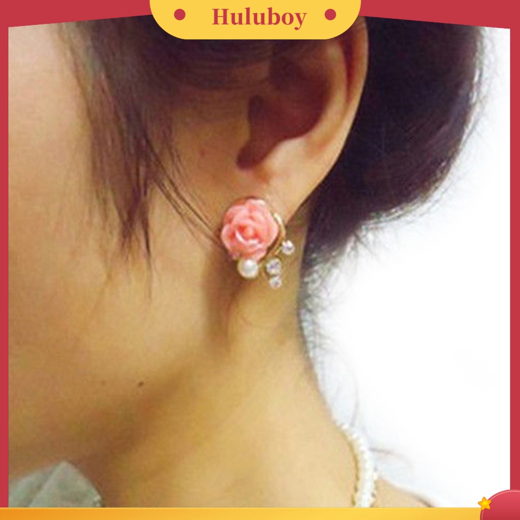 Hu Hu Hu Hu Hu Alat Bantu Pasang Kacamata♡ 1 Pasang Anting Stud Bentuk Bunga Mawar Aksen Mutiara Berlian Imitasi Bahan Alloy Untuk Wanita