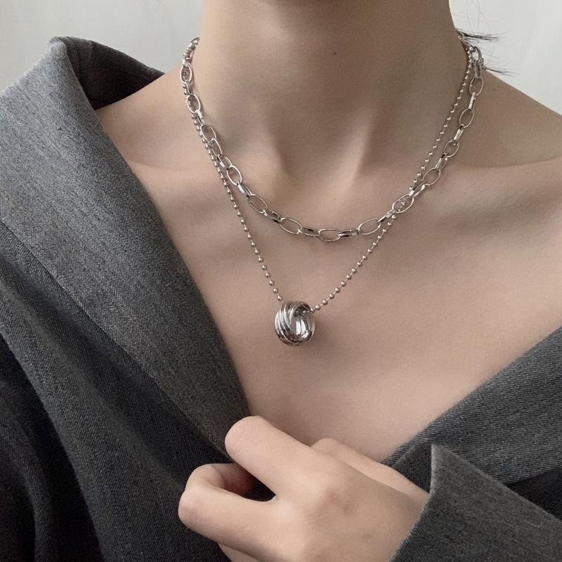 Kalung Rantai Banyak Lapis Aksen Cincin Gaya Hip Hop Korea Untuk Wanita