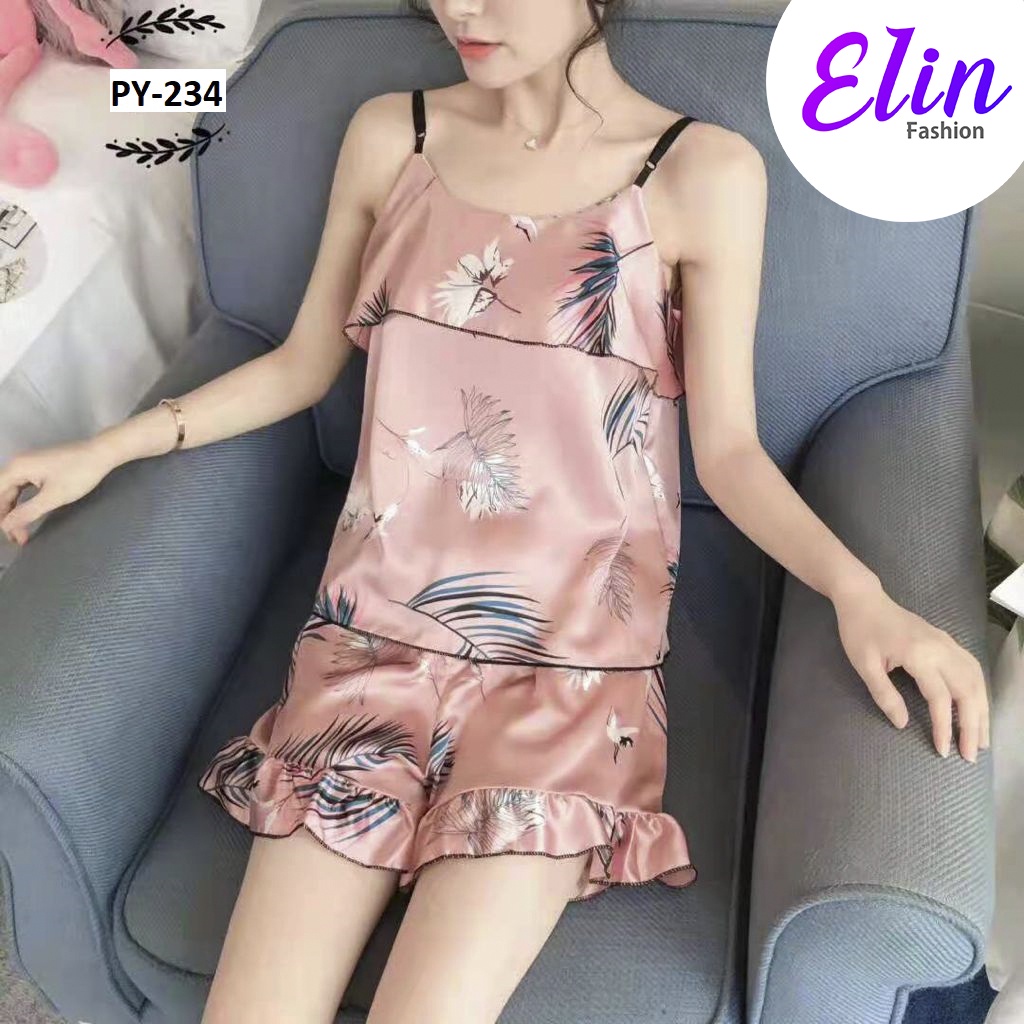 Setelan Baju Tidur Import Singlet Satin - Piyama Hotpants Lengan Satu Tali - Baju Tidur Dewasa