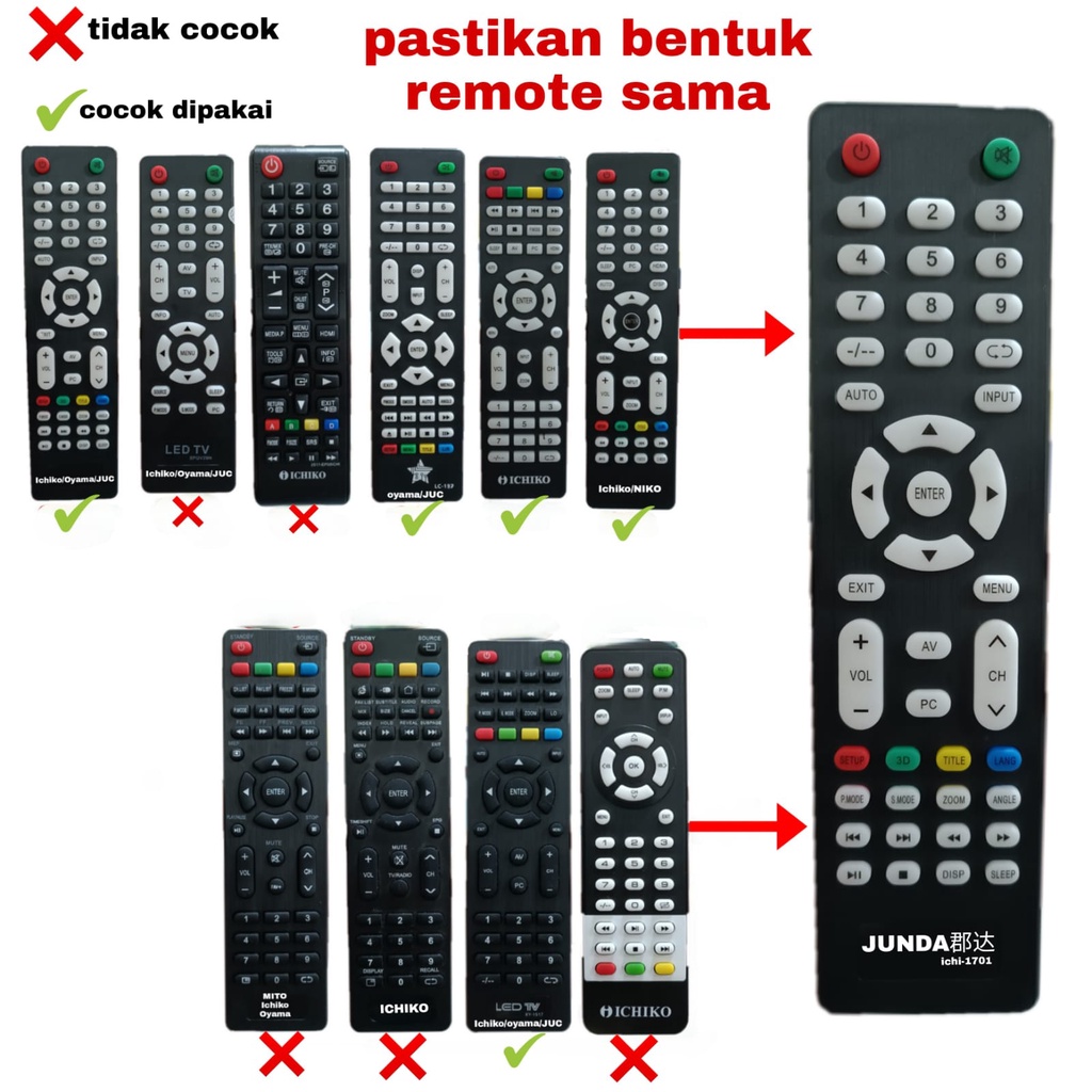 REMOTE LED TV CINA REMOTE TV LED ICHIKO JUNDA ICHI-1701 SEPERTI ORIGINAL