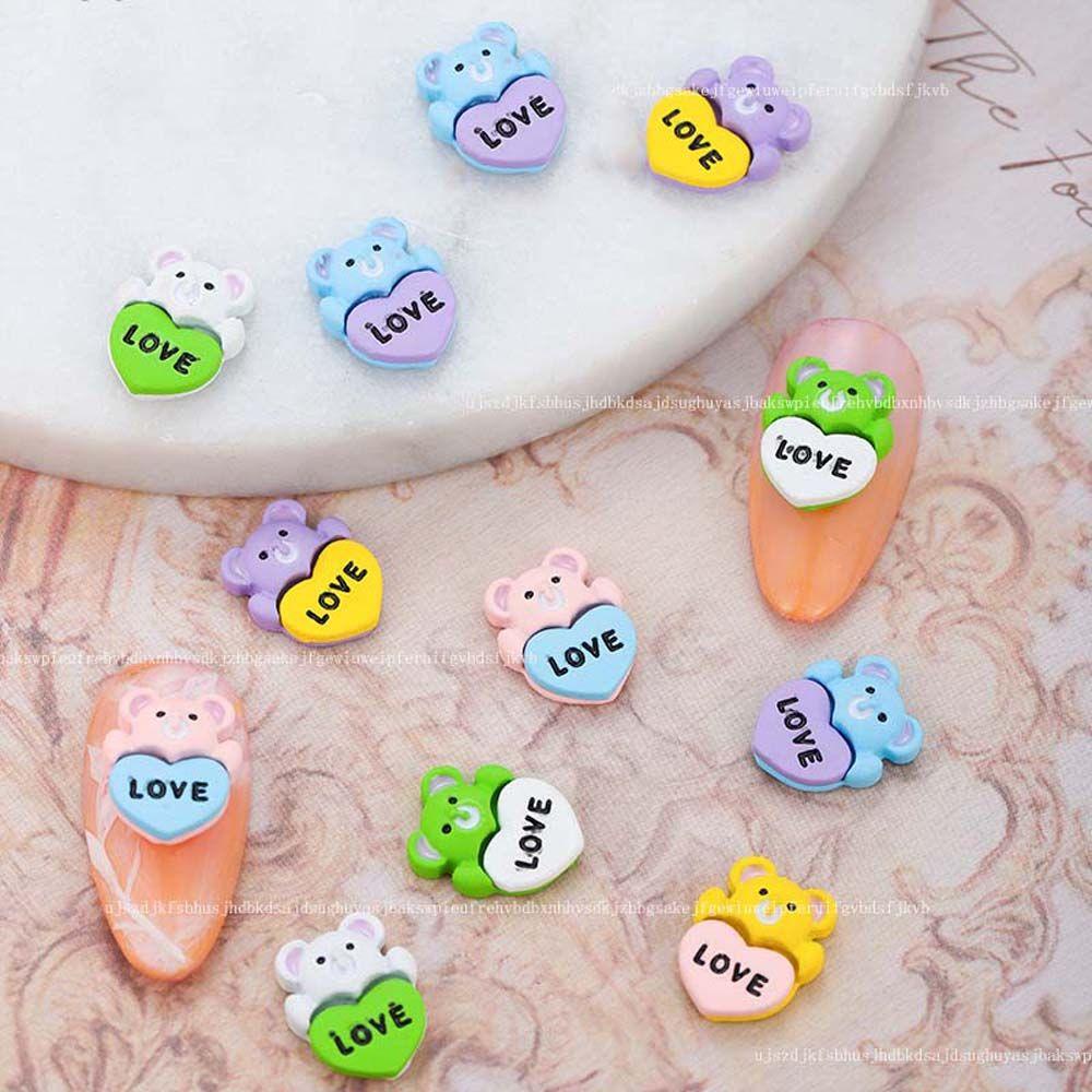 AUGUSTINA Agustin 3D Beruang Kuku Perhiasan Lucu Mengkilap Gaya Jepang Nail Art Decal Lover heart Bear Nail Art Tips Nail Art Aksesoris