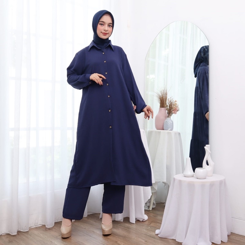 SETCEL TUNIK BELLA STELAN CELANA LONG TUNIK RAYON CRINKLE KANCING BUSUI BUMIL JUMBO BIGSIZE XXL KARET MELAR GROSIR