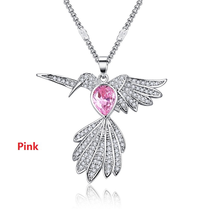 Kalung Rantai Sterling Silver 925 Dengan Liontin Burung Kolibri Hias Kristal / Berlian Pink Untuk Wanita