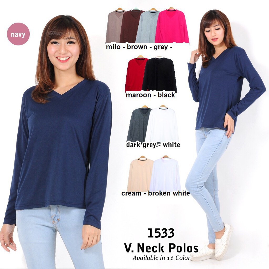 MakeGrosir Kaos Atasan Wanita Polos Lengan Panjang Basic VNECK