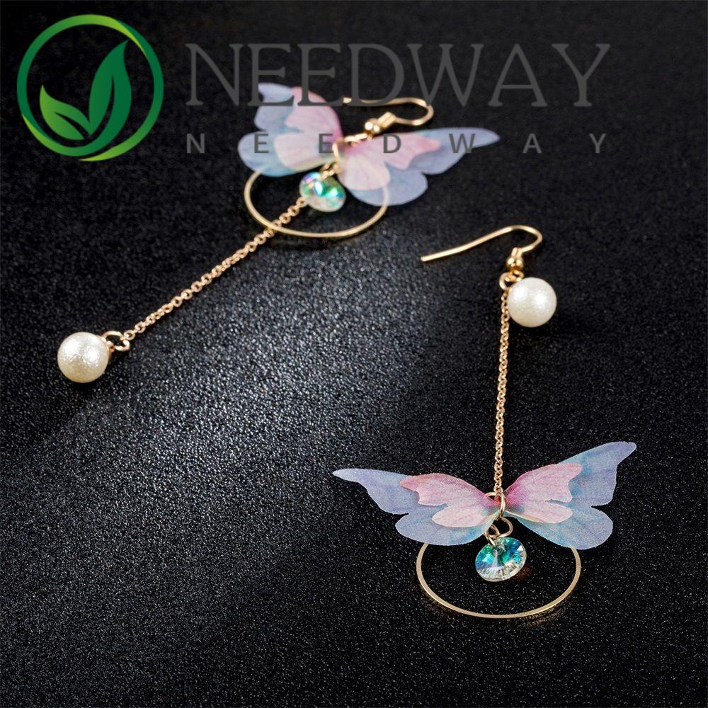 Needway  Retro Earrings Alloy Earrings Jewelry Imitation Pearl Asymmetrical Wings Long Exquisite Butterfly