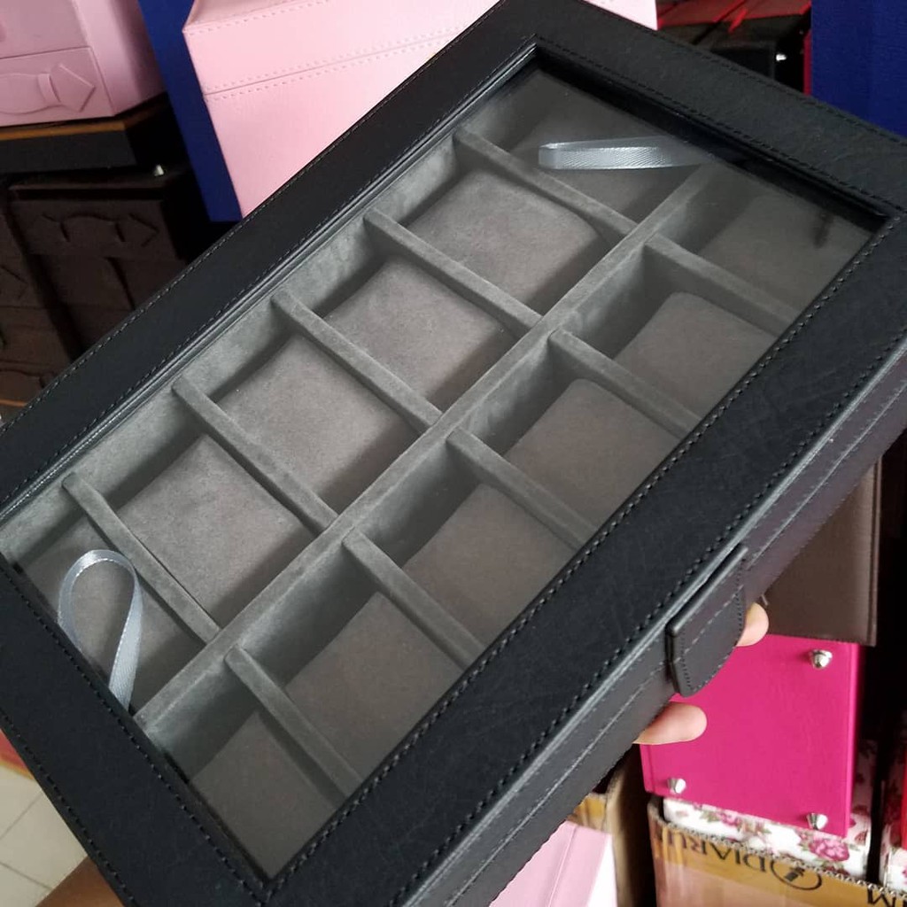 (PROMO) FULL COLOR Kotak Tempat Jam Tangan Isi 12 / Box Jam / Watch Box /  Wadah Jam-Hitam Dalam Abu