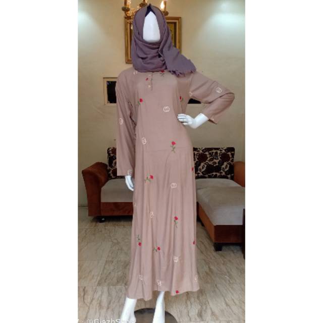 Gamis Gucci Bordir katun Rayon premium daster murah viral trendy bunga adem rumahan warna moccha