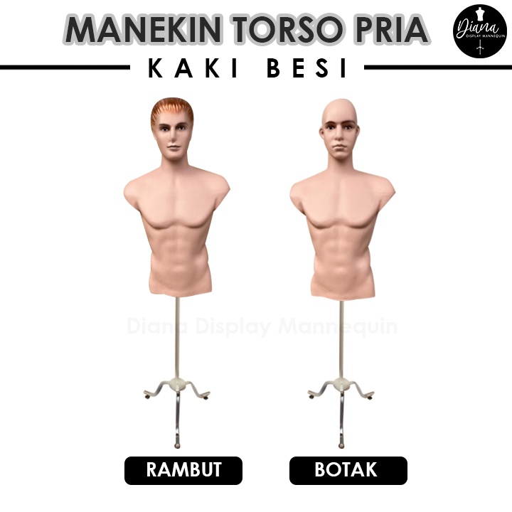 PATUNG MANEKIN BAJU TORSO PRIA DEWASA SETENGAH BADAN DENGAN KEPALA SET KAKI KAYU KAKI BESI