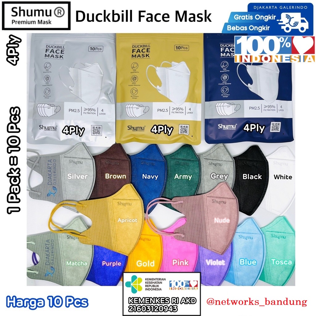 Masker Duckbill Shumu 4Ply 10Pcs Warna Warni EMBOSS Garis Hidung Medis Original Masker Kesehatan