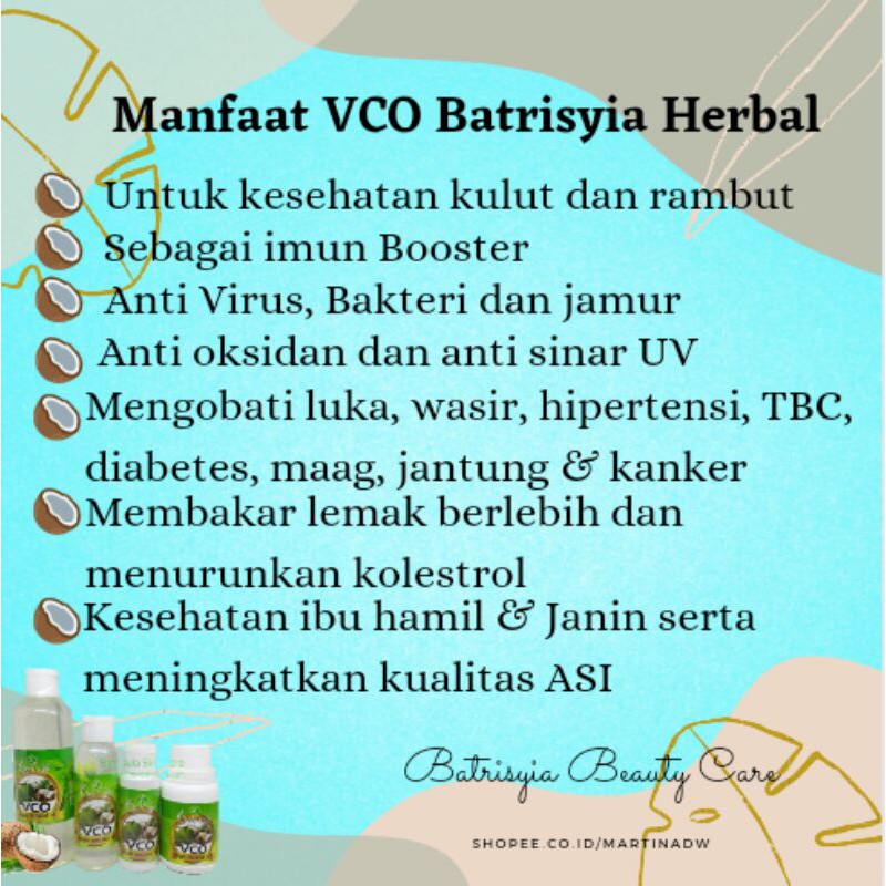 VCO Virgin Coconut Oil Batrisyia Herbal minyak kelapa murni VICO Kapsul 60ml 100ml 250ml