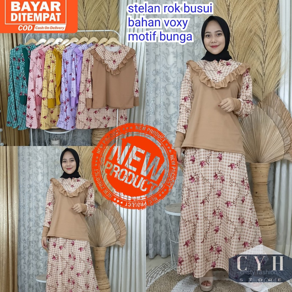 SETELAN ROK BUSUI MOTIF BUNGA BAHAN VOXY /  FASHION MUSLIM  / COD / C93