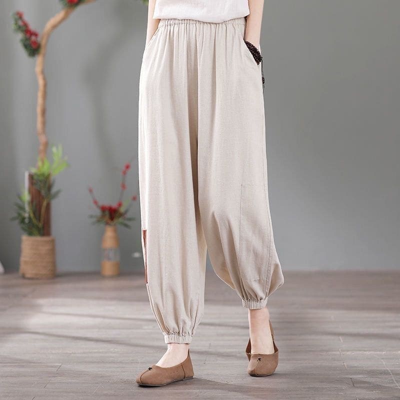 Celana Wanita Panjang Korea Joger - Kala Linen Pants Pinggang Karet - Bawahan Wanita Murah <-Cream