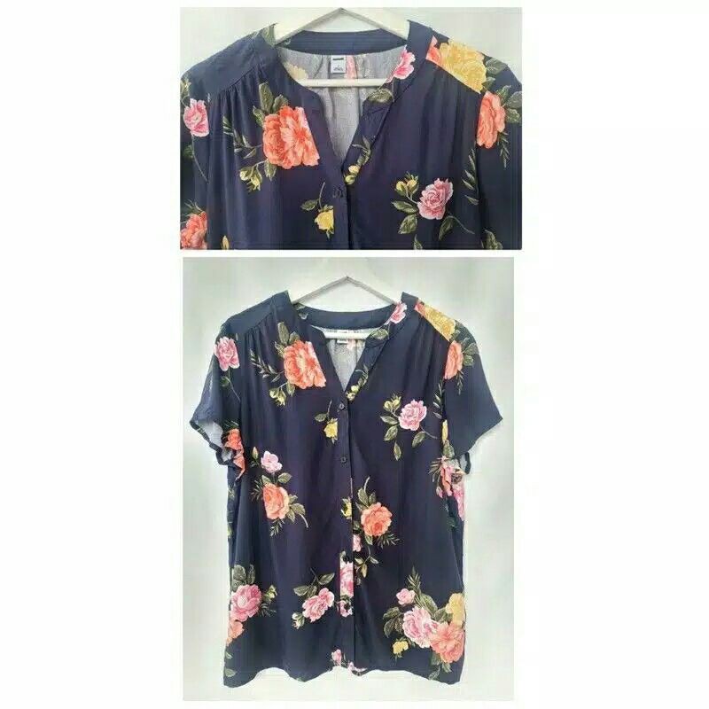 Old Navy V-Neck Cotton Blouse -Atasan Wanita Motif Floral  Lengan Pendek Original Branded