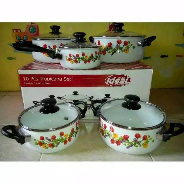 Panci Set Ideal Tropicana 10 Pcs Diilengkapi Tutup Kaca Yang Sangat Tebal / Panci Enamel Serbaguna