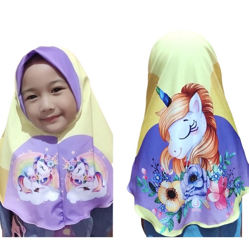 HIJAB INSTANT ANAK MOTIF UNICORN FLOWER / HIJAB ANAK KARAKTER LUCU