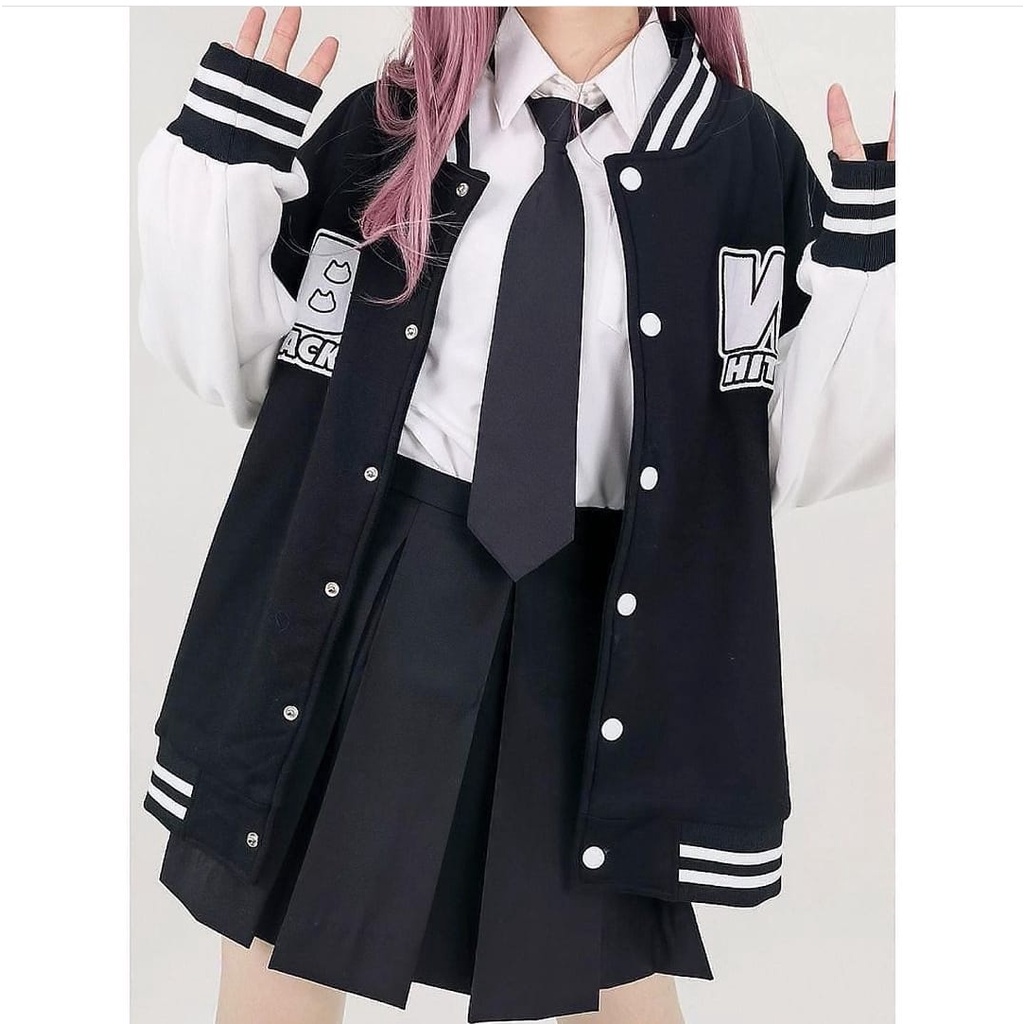 JAKET BASEBALL BLACK WHITE VARSITY OVERSIZE - JAKET BASEBALL OVERSIZE WANITA