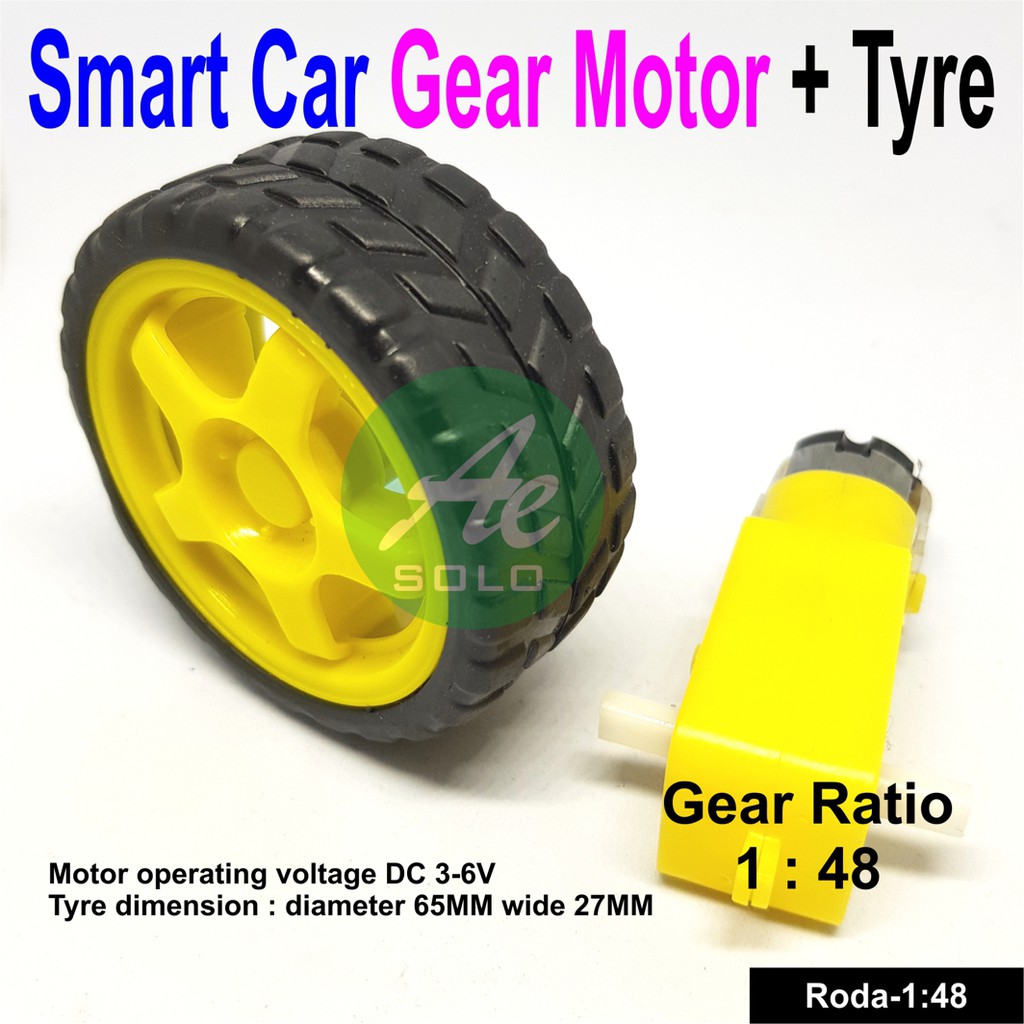 Gear Motor + Roda Smart Car Tyre 65MM Geared Motor 1:48 DC3-6V