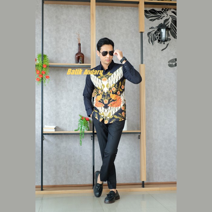 Batik Pria Slimfit Lengan Panjang Modern Heem Premium Bahan Katun Primisima Solo Warna Hitam Motif Bunga