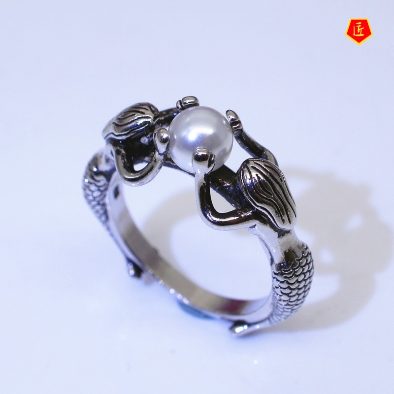 [Ready Stock]Simple Personality Mermaid Pearl Silver Black Ring