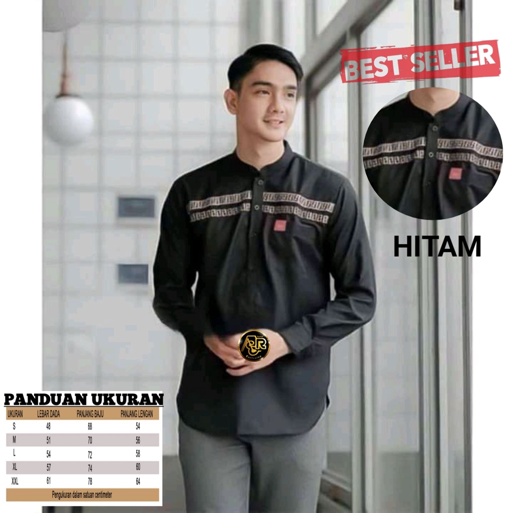 Baju Koko Pakain Muslim terbaru 2022 Size M L XL XXL // koko kurta ff lengan panjang dewasa bahan toyobo Textile-KOKO FF HITAM