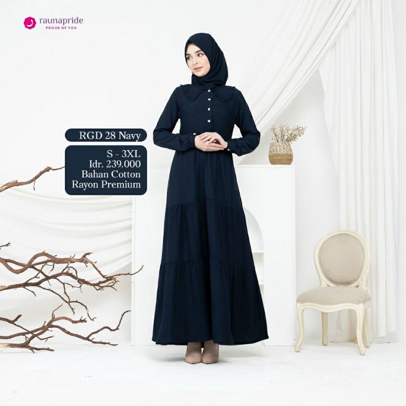 Baju Gamis Dewasa Rauna RGD 28 Coklat Maroon Navy Grey Mustard Hitam Putih
