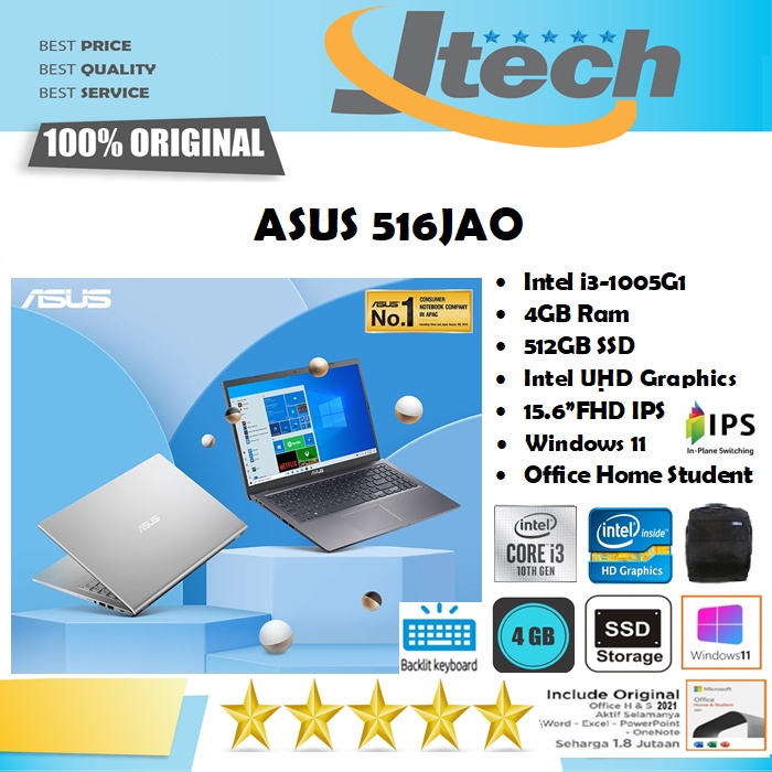 ASUS Vivobook 15 A516JAO - i3-1005G1 - 4GB - 512GB SSD -  BACKLIT KB - 15.6&quot;FHD IPS - WIN11 - OFFICE HOME STUDENT