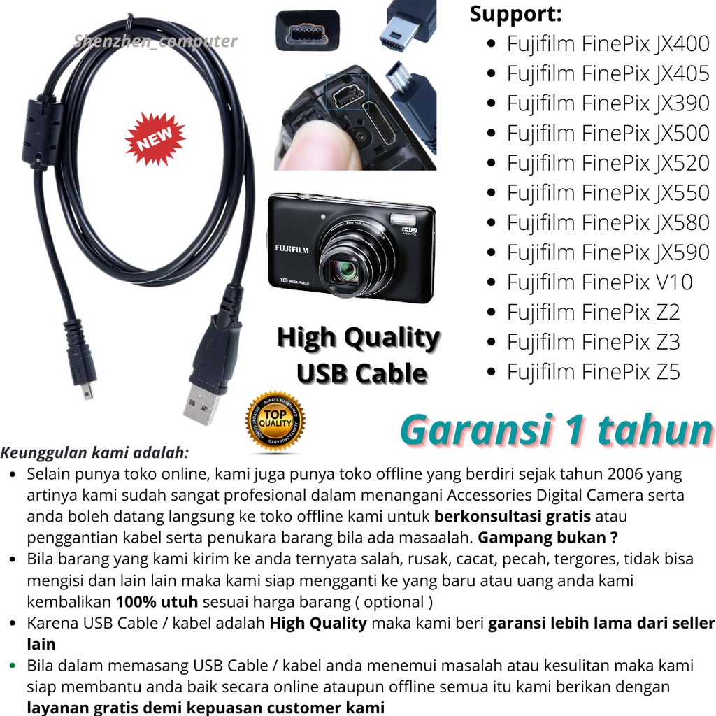Kabel data USB charger kamera digital Fujifilm FinePix JX400 JX405 JX390 JX500 JX520 JX550 JX580 new