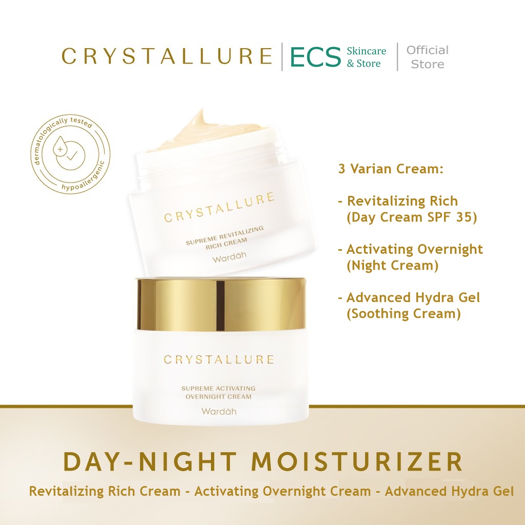 CREAM Wardah CRYSTALLURE Supreme 50 gr - Revitalizing Rich SPF 35 (Day Cream) / Activating Overnight (Night Cream) / Hydra Gel - Mousturizer Pelembab Wajah - Advanced Crystalure Cristallure Cristalure Krim Siang Malam Pagi