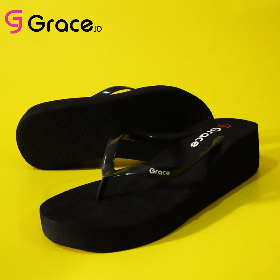 Grace(Black Rose)/sandal hak spon hitam dengan japit polos/Sandal jepit wedges simple wanita helen-3
