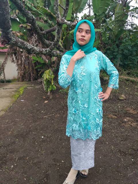 Baju kurung tulle bordir 3D tosca