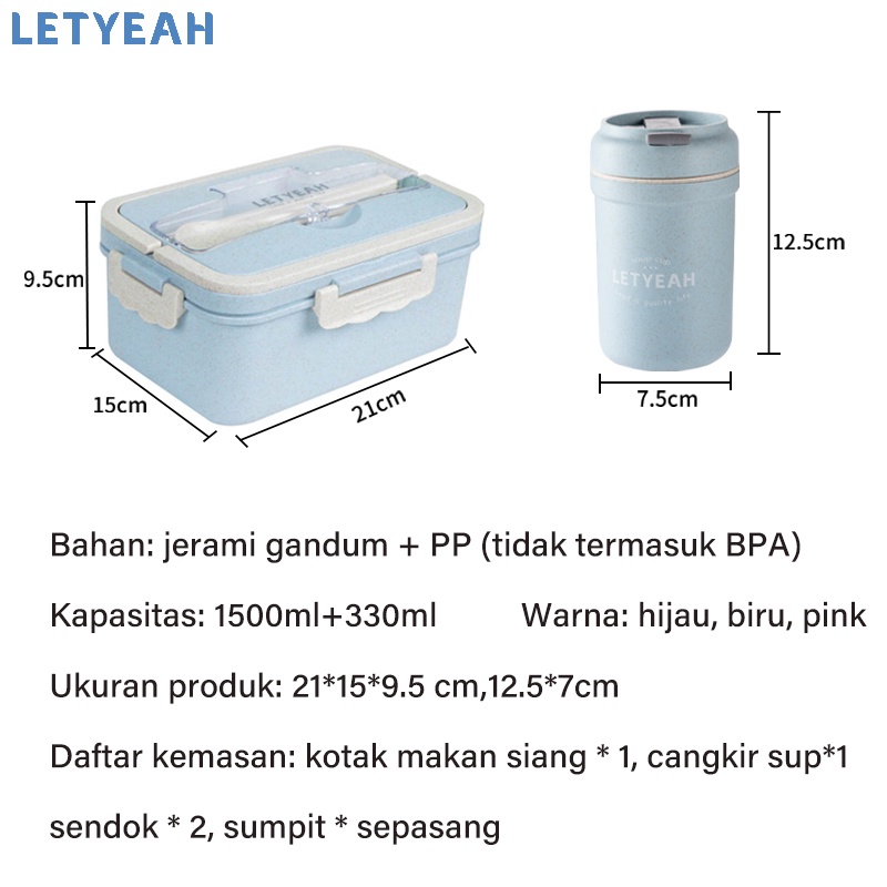 LetYeah Free Mangkuk sup 330ml lunch box set Jerami Gandum kotak makan/free Sendok/1500ml Kotak Bekal