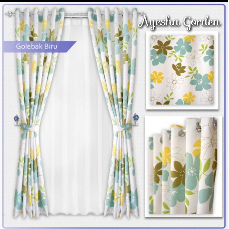 Gorden Jendela Hordeng Pintu Minimalis Satin Bridal Motif Bunga Gelabak Oren dan Biru