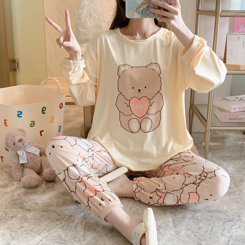 AJW Shop Setelan Wanita Import Joger | Setelan Baju Tidur Wanita | Piyama Wanita-Love Bear Cream