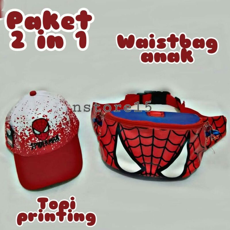 new cod 2in1 topi anak laki laki bordir spiderman dan tas selempang anak laki laki waistbag anak usia 2-10 tahun