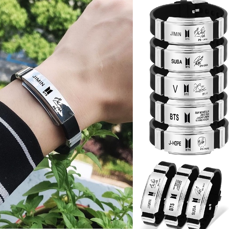 Gelang Bahan Titanium Steel Silikon Desain BTS Member V Untuk Pria Dan Wanita