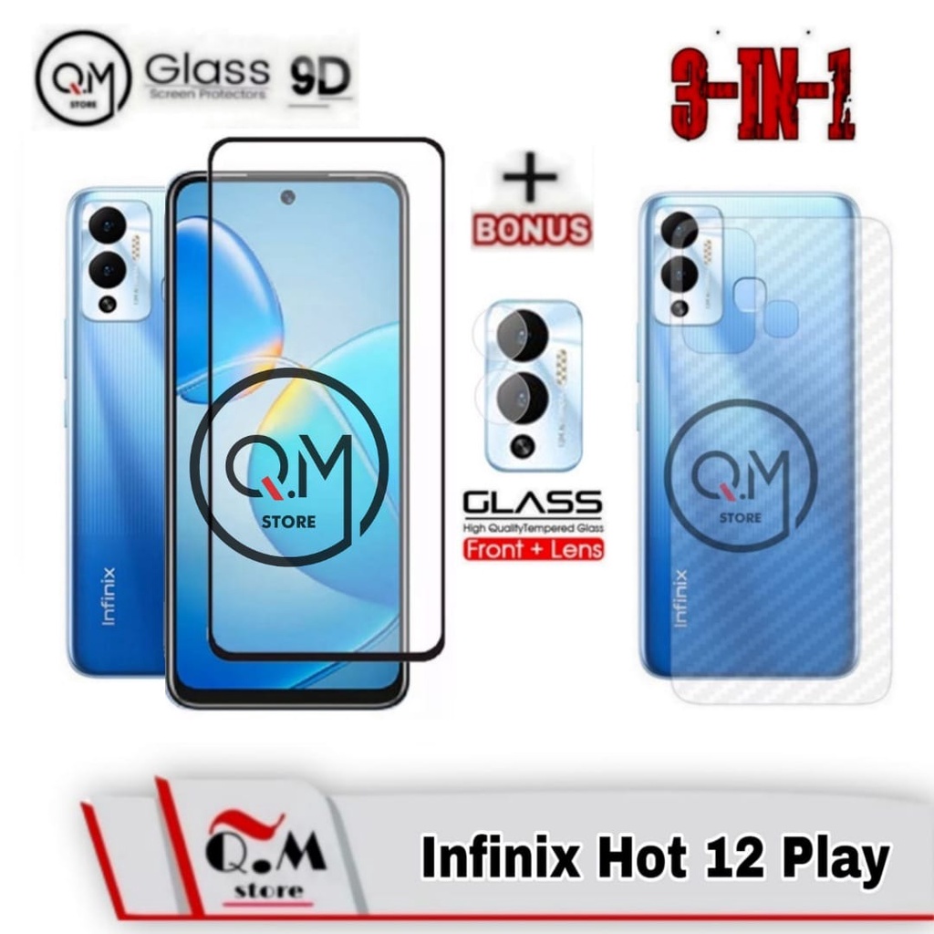 Paket 3 in1 Tempered Glass Infinix Hot 12 Play / Hot 12 / Hot 12i / 11S NFC Anti Gores Layar Screen Guard Pelindung Layar Full 9D