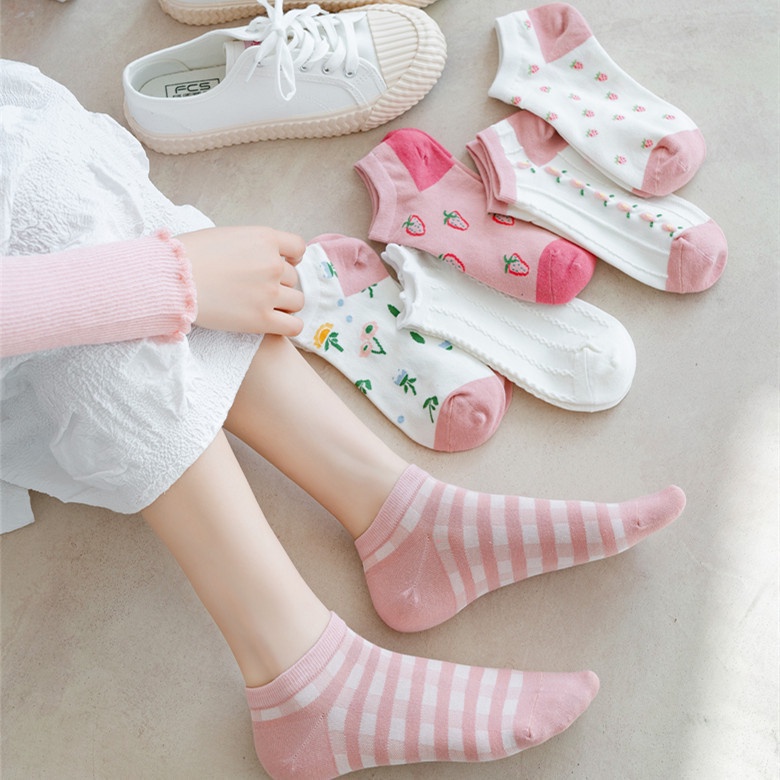 ❀ Chingu ❀ KK014 Kaos Kaki (Tanpa Kemasan) Wanita Tipis Pendek Semata Kaki Motif Strawberry Bunga Fashion Korea Women Sock Import Murah