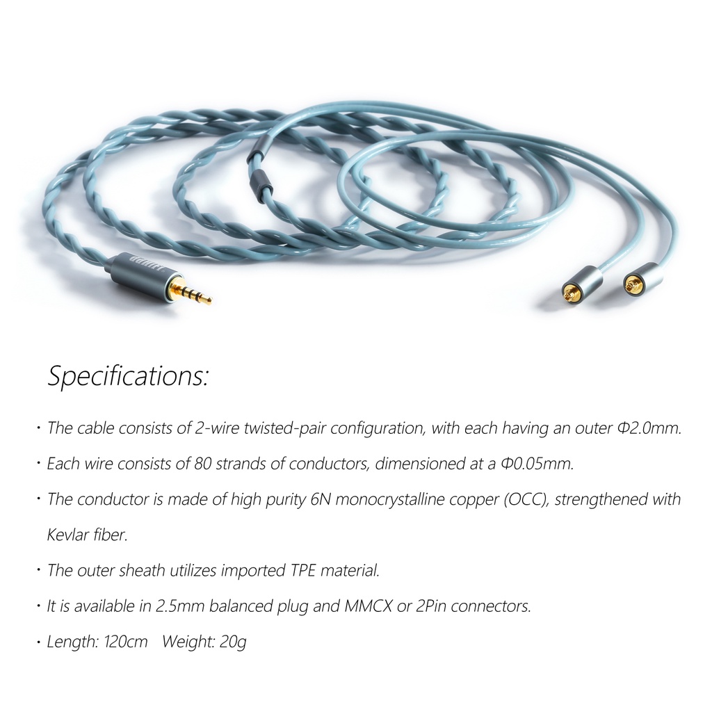 DD ddHiFi BC120A (Forest) Air Series Earphone Cable with High Purity 6N OCC, 2.5mm Balanced Plug and MMCX/2Pin 0.78 Connector