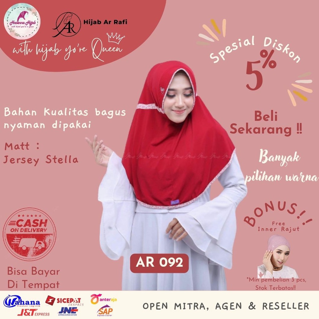 Jilbab Arrafi Hijab Terbaru AR 092 Std Polos Serut Kombinasi List Bunga Matt Stella