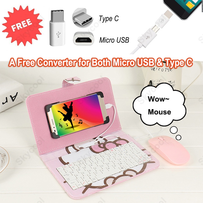 3 In1 Ponsel Keyboard Mouse Set Kabel Tipe-C Micro USB Kulit Cover Stand Holder untuk Bermain Game Huawei Xiaomi Vivo Oppo