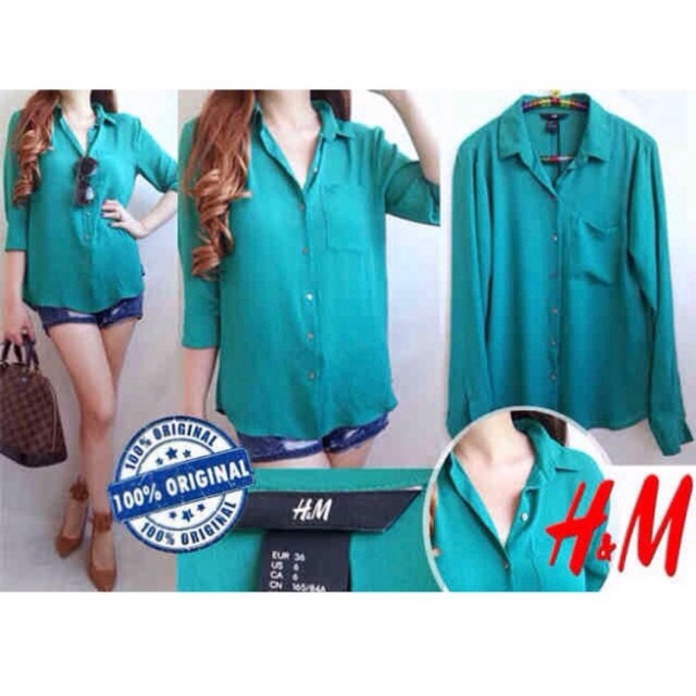 Sale Hnm green chiffon blouse reject jumbo bigsize