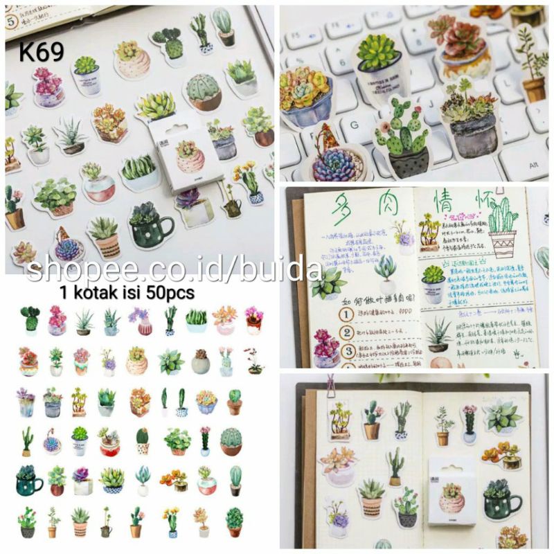 

stiker sticker aesthetic K69 tanaman hias kaktus cactus succulent plant pot dekorasi hiasan buku tag notebook jurnal journaling scrapbook