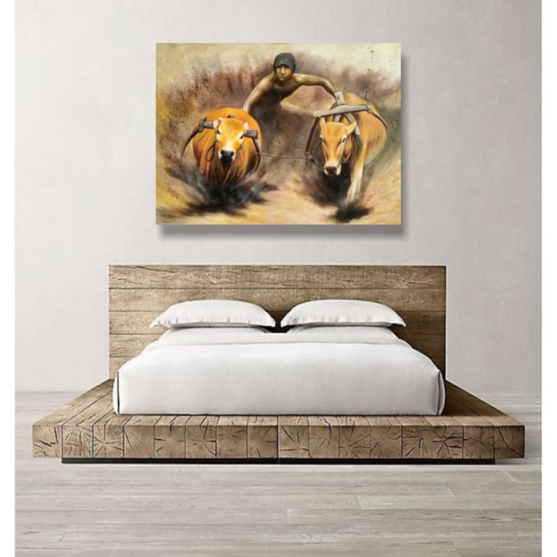Lukisan Karapan Sapi Unik Minimalis Kanvas Ukuran 150x100 cm Lengkap dengan kayu penyangga