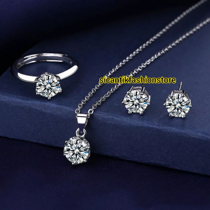 PERHIASAN SET FASHION WANITA KALUNG LIONTIN PERAK SILVER 925 LAPIS EMAS PUTIH Kalung Titanium Silver  45CM Liontin Bulat Silver Fashion Wanita Terlaris Anti Karat Tidak Luntur