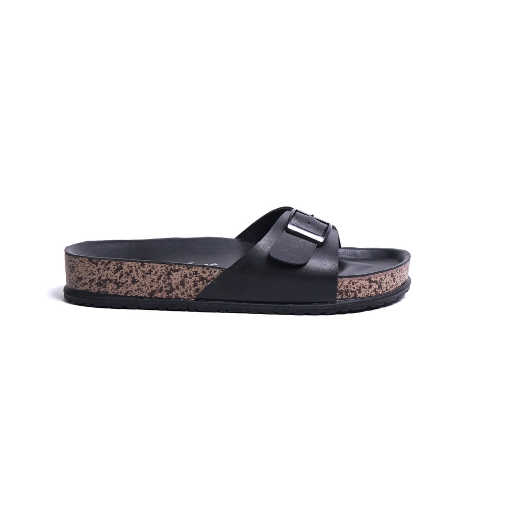 Sara Sara BILLY Sandal wanita casual sandal slop kulit sol puyuh kekinian model birken single strap-Black
