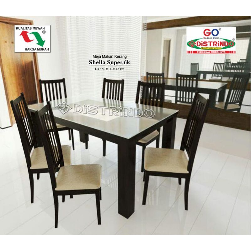 Meja Makan Set Kursi 4~6 Minimalis Papan Tebal Kokoh Halus Top Meja Pakai Kaca Tempered Tebal Kursi 