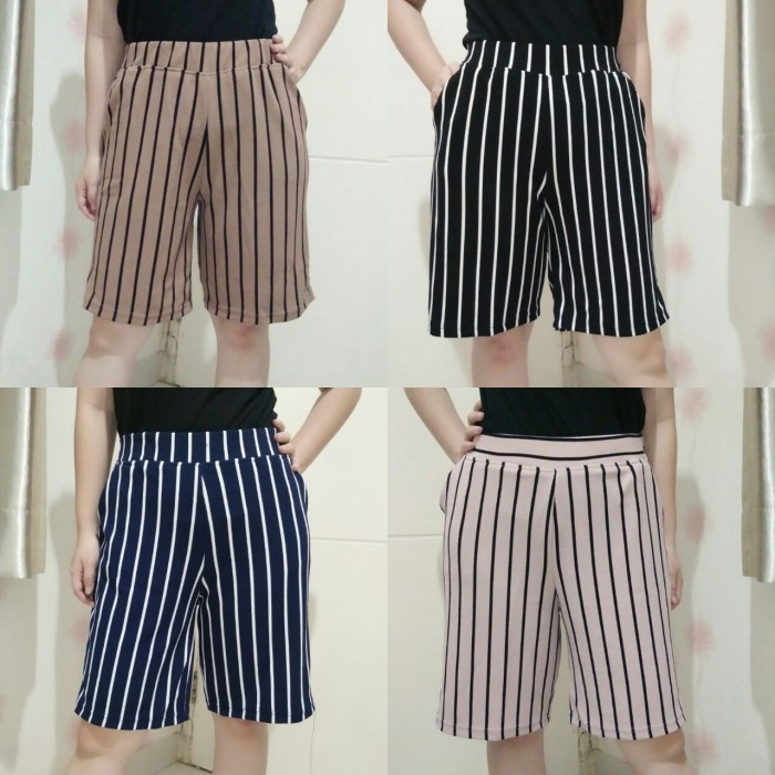 Kulot Pendek Salur Stripes - Celana Kulot Motif Wanita Crepe Wafel - 3/4, Random (Y6Q5) Celana Kulot